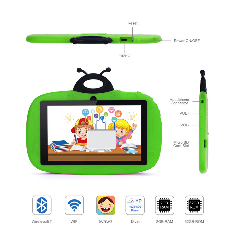 C idéia Dual Camera WiFi 7 Inch Tablet PC Android Crianças Para Aprendizagem de Pequenos 128GB com Case/ Kids App CM75 (verde)