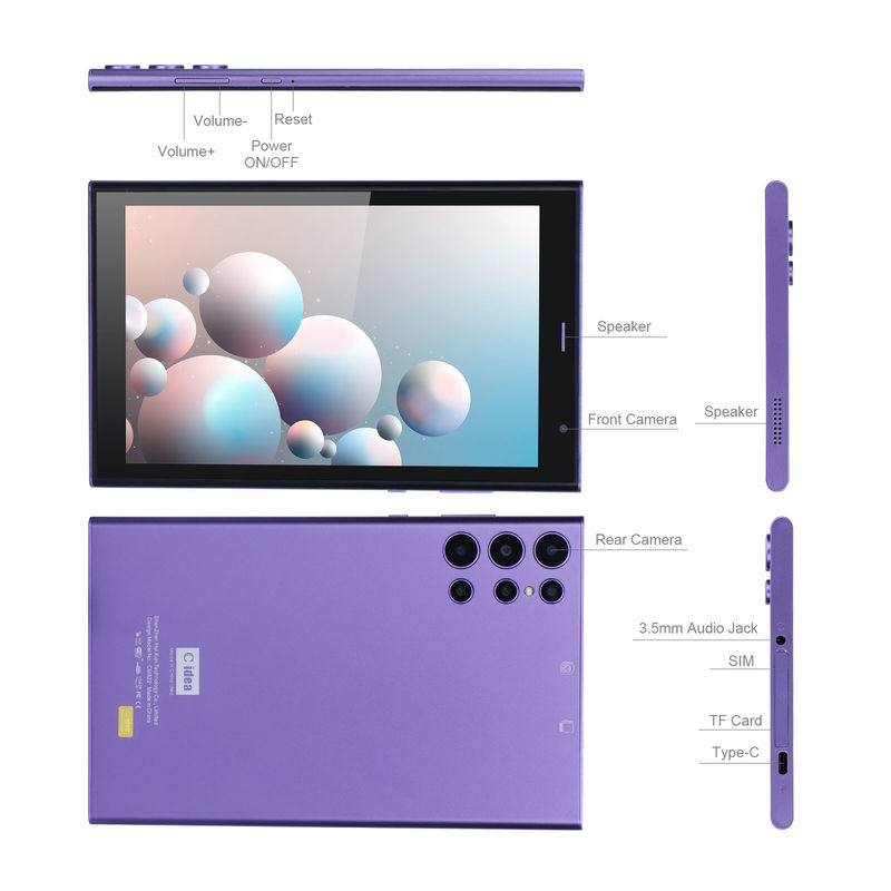 C Idea Tablet PC portátil de 8 polegadas com caixa de 5000mAh Bateria Vida Dual Câmera 5MP + 8MP slot de cartão SIM Roxo