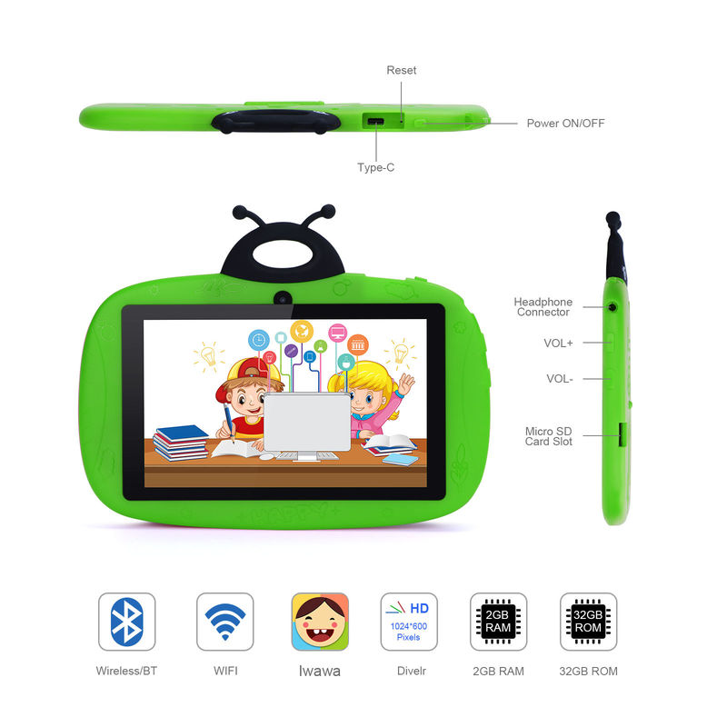 C idéia Dual Camera WiFi 7 polegadas Tablet PC Android Crianças Para Aprendizagem de Pequenos 128GB com Case Kids App CM76 Verde