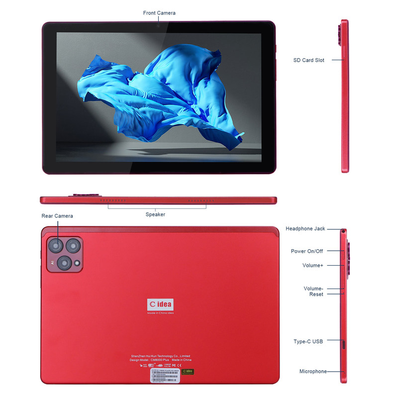 C Idea 10 polegadas Android 12 Tablet 8GB RAM 256GB ROM Modelo CM8000PLUS Vermelho