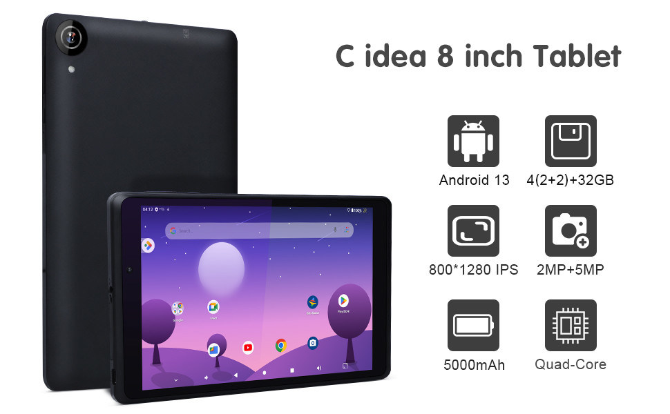 C idea Youth 8 Inch Tablet Android 13 com tela de luz azul, Wi-Fi, 32GB + 64GB, 800*1280 IPS incell CM826