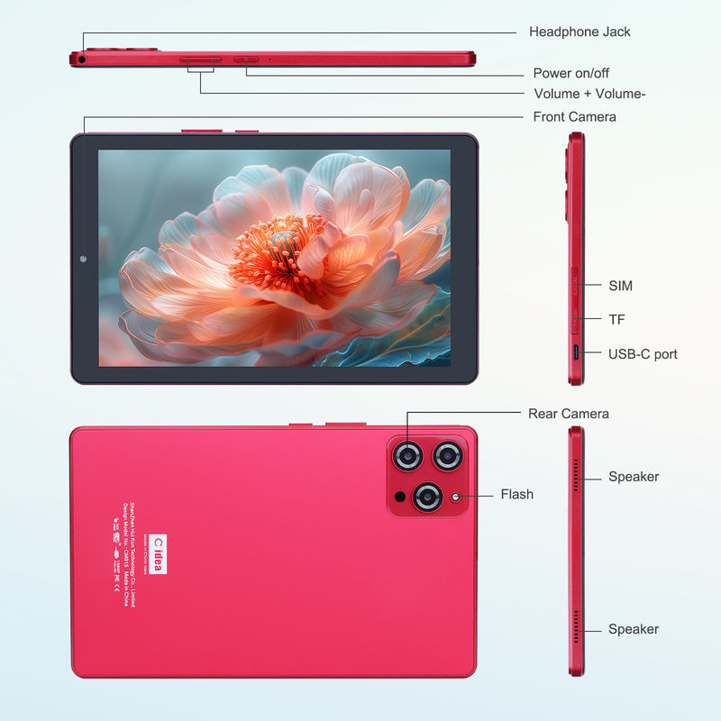 C ideia 9 polegadas Android 12 Tablet 8GB RAM 512GB ROM 5MP + 8MP Dual Camera WIFI Tablet com SIM CM915 (vermelho)