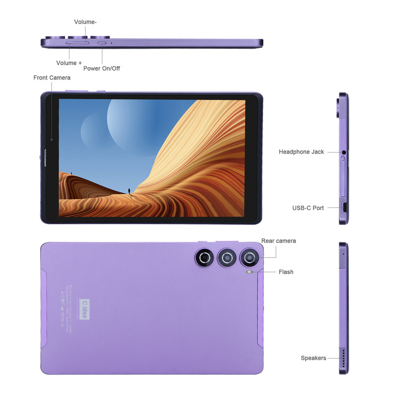 C idea Tablet Android de 8 polegadas Fabricante com Android 12 Quad Core 8GB + 512GB Armazenamento IPS HD Display CM835 ((púrpura)