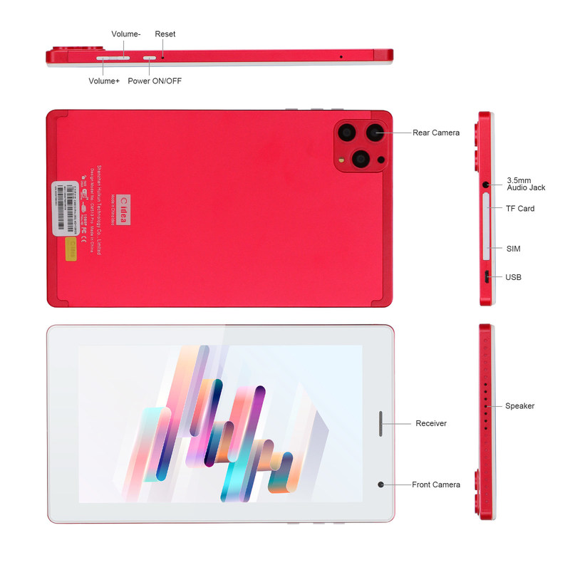 C ideia 7 polegadas Android Smart Tablets 8+512GB Quad Core WiFi Tablet HD Touch Screen CM513 ((Vermelho)