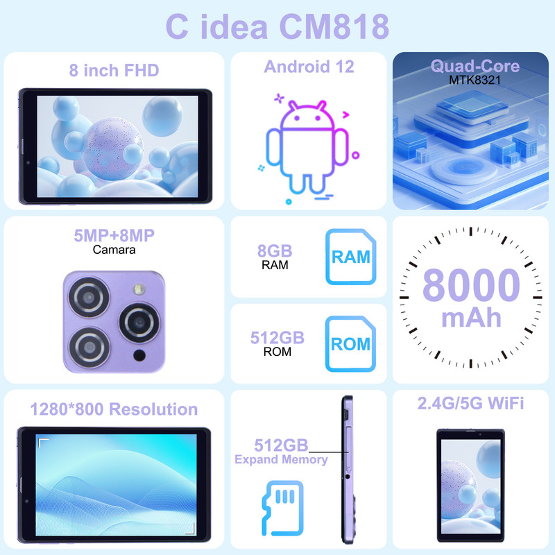 C Idea Portable 8 In Android Tablet PC 8 GB de RAM 512 GB Android 12 Tablet IPS HD Display Quad Core CM818-Purple