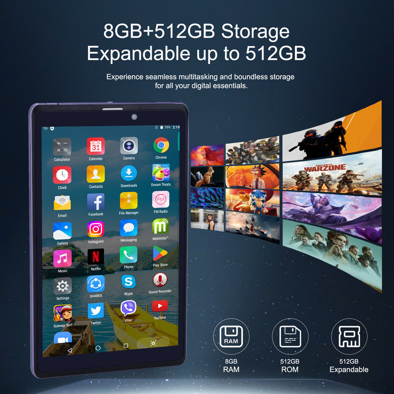C Idea Portable 8 In Android Tablet PC 8 GB de RAM 512 GB Android 12 Tablet IPS HD Display Quad Core CM818-Purple
