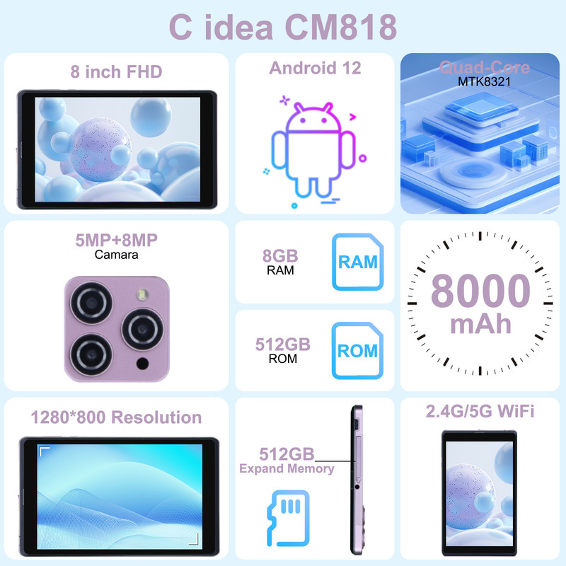 C ideia 8 polegadas Android 12 Tablet 8000mAh Bateria 5+8MP Câmera 8GB RAM 512GB ROM para Educação Aprendizagem CM818-rosa