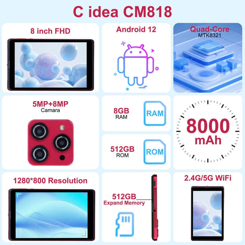 C ideia 8 polegadas Android 12 Tablet 8GB RAM 512GB ROM 8000mAh Bateria 5+8MP Câmera para Estudante com Suporte SIM CM818-vermelho