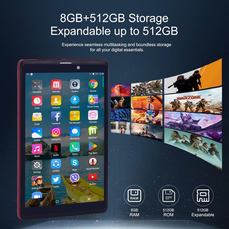 C ideia 8 polegadas Android 12 Tablet 8GB RAM 512GB ROM 8000mAh Bateria 5+8MP Câmera para Estudante com Suporte SIM CM818-vermelho