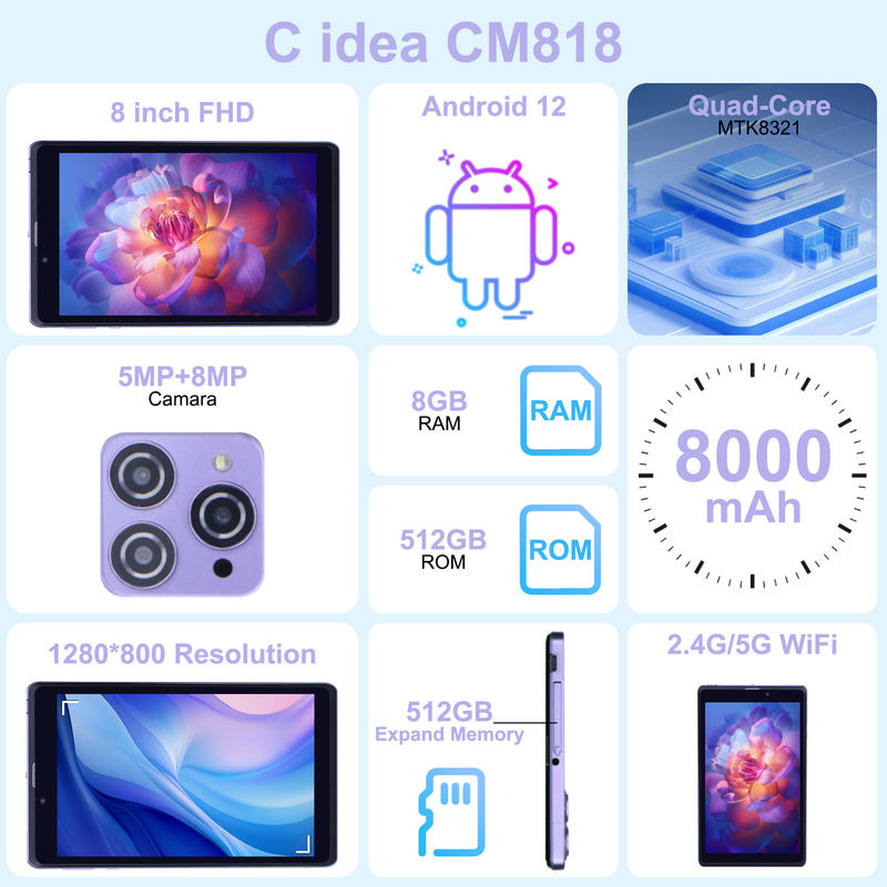 C Idea Portable 8 In Android Tablet PC 8 GB de RAM 512 GB Android 12 Tablet IPS HD Display Quad Core CM818-Purple