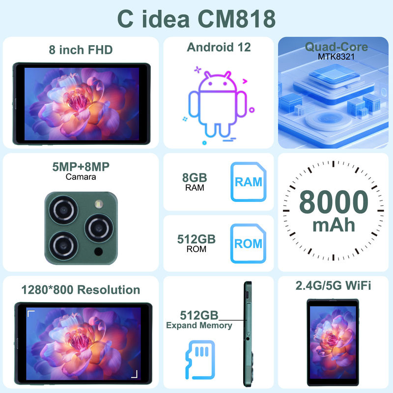 C idea Tablet Android portátil de 8 polegadas com Android 12 Quad Core CPU 8GB RAM 512GB Armazenamento IPS HD Display CM818-Green