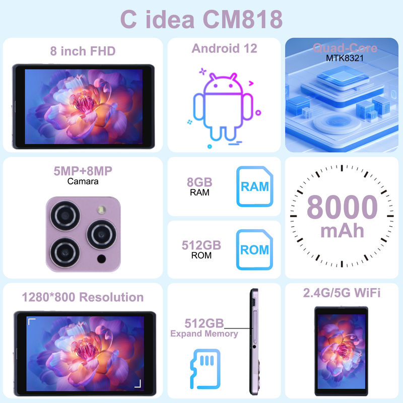 C Idea 8 polegadas Android 12 Tablet 8000mAh Bateria 5MP + 8MP Câmera 8GB RAM 512GB ROM Para Educação Aprendizagem CM818-rosa