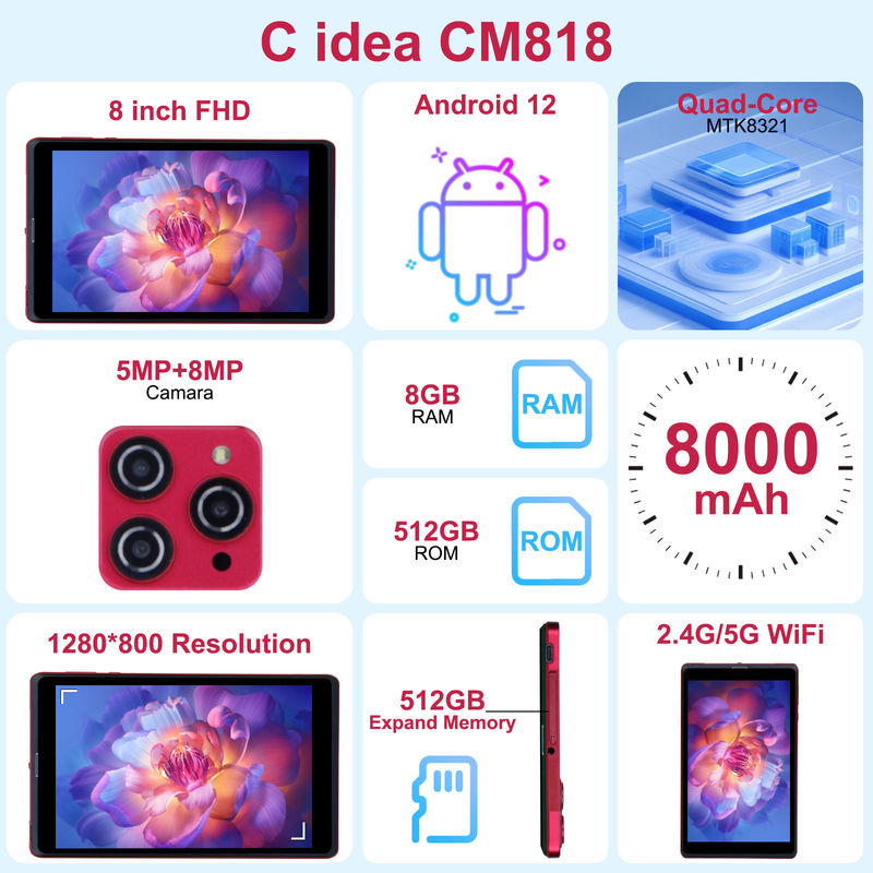 C ideia 8 polegadas Android 12 Tablet 8GB RAM 512GB ROM 8000mAh Bateria 5+8MP Câmera para adolescentes com suporte SIM CM818-vermelho