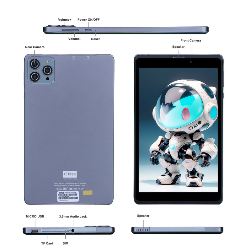 C ideia Android Tablet PC Dual Camera 8 Inch 1280x800 IPS HD Display Android 12 Tablets para Adolescentes CM818-Grey