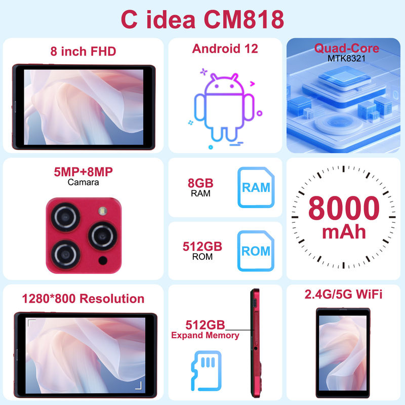 C ideia 8 polegadas Android 12 Tablet 8GB RAM 512GB ROM 8000mAh Bateria 5+8MP Câmera para Estudante com Suporte SIM CM818-vermelho