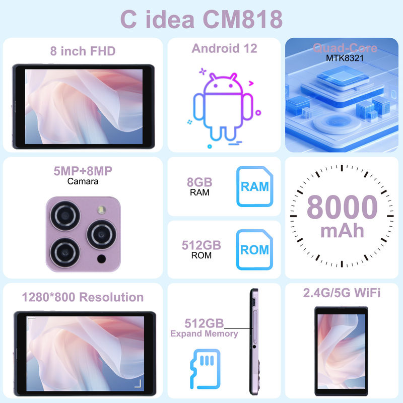 C ideia 8 polegadas Android 12 Tablet 8000mAh Bateria 5+8MP Câmera 8GB RAM 512GB ROM para Educação Aprendizagem CM818-rosa