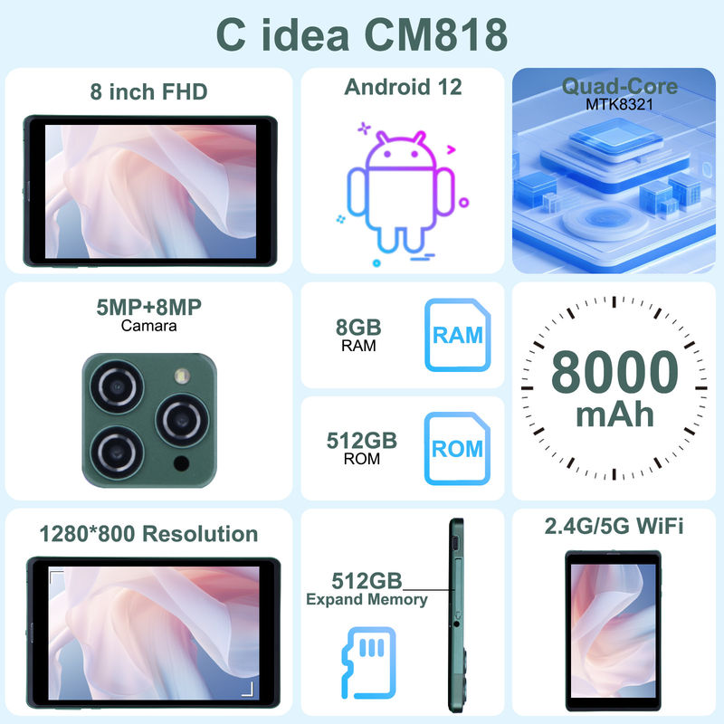 C ideia 8 polegadas Android Tablet PC Com Android 12 OS Quad Core CPU 8GB RAM 512GB armazenamento IPS HD Display CM818-verde