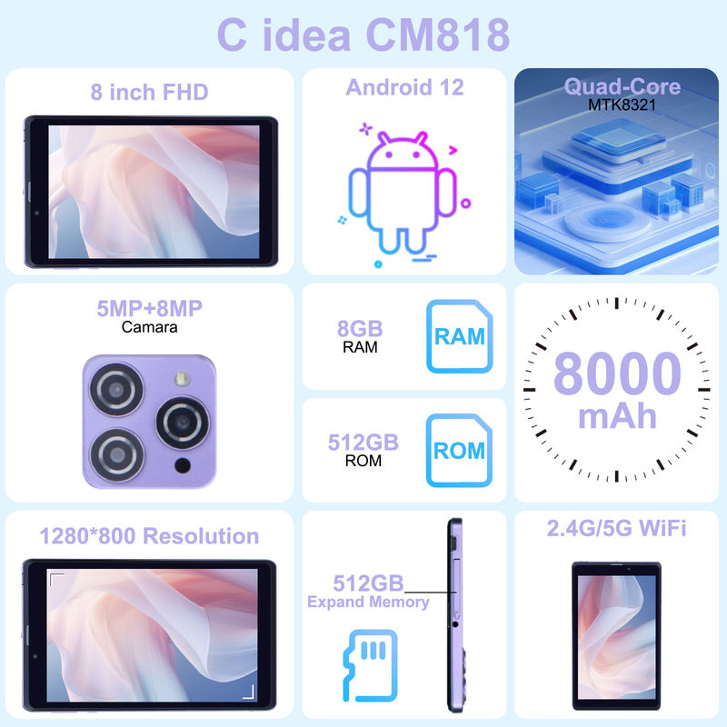 C Idea Portable 8 In Android Tablet PC 8 GB de RAM 512 GB Android 12 Tablet IPS HD Display Quad Core CM818-Purple