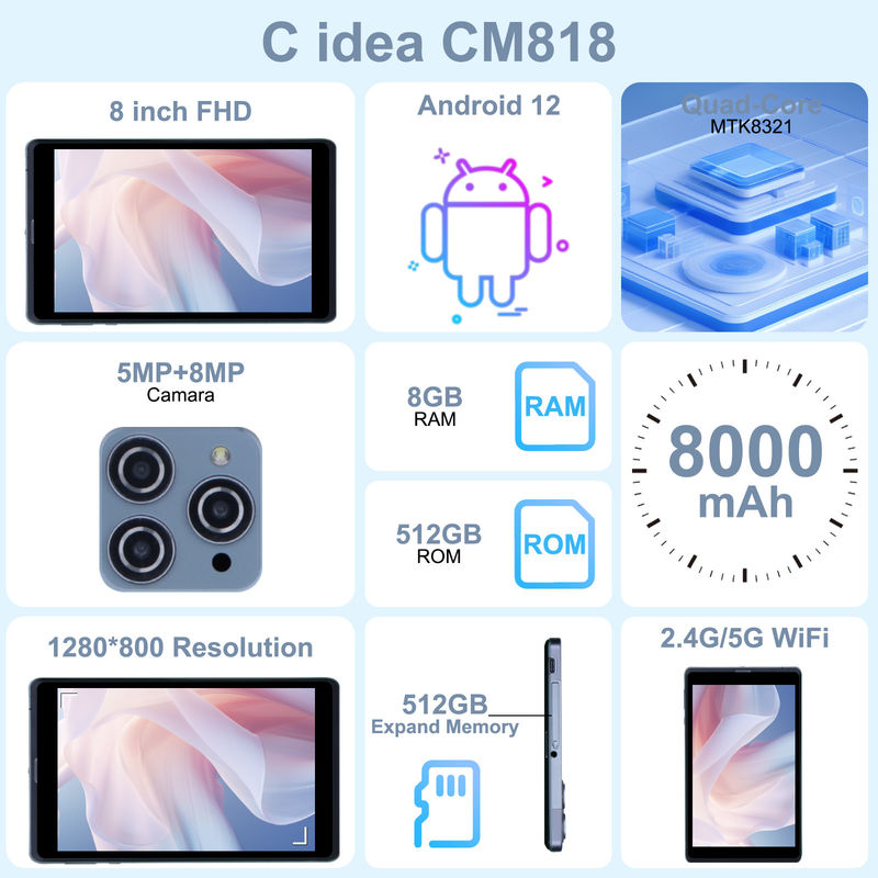 C ideia Android Tablet PC Dual Camera 8 polegadas 1280x800 IPS HD Display Android 12 tablets para estudantes CM818-Grey