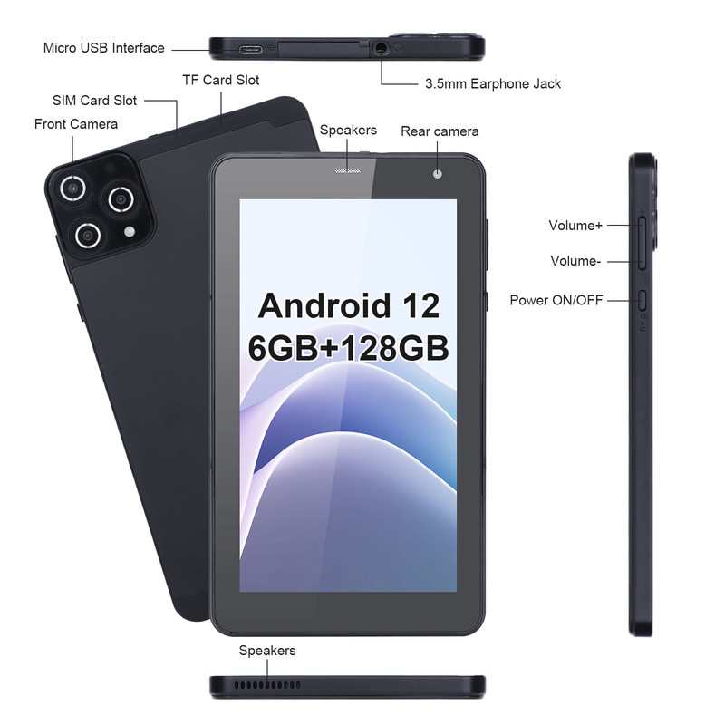 C Idea Android Tablets 6+128GB Quad Core 7 Inch Tablet PC Para Estudante CM515 ((Negro)