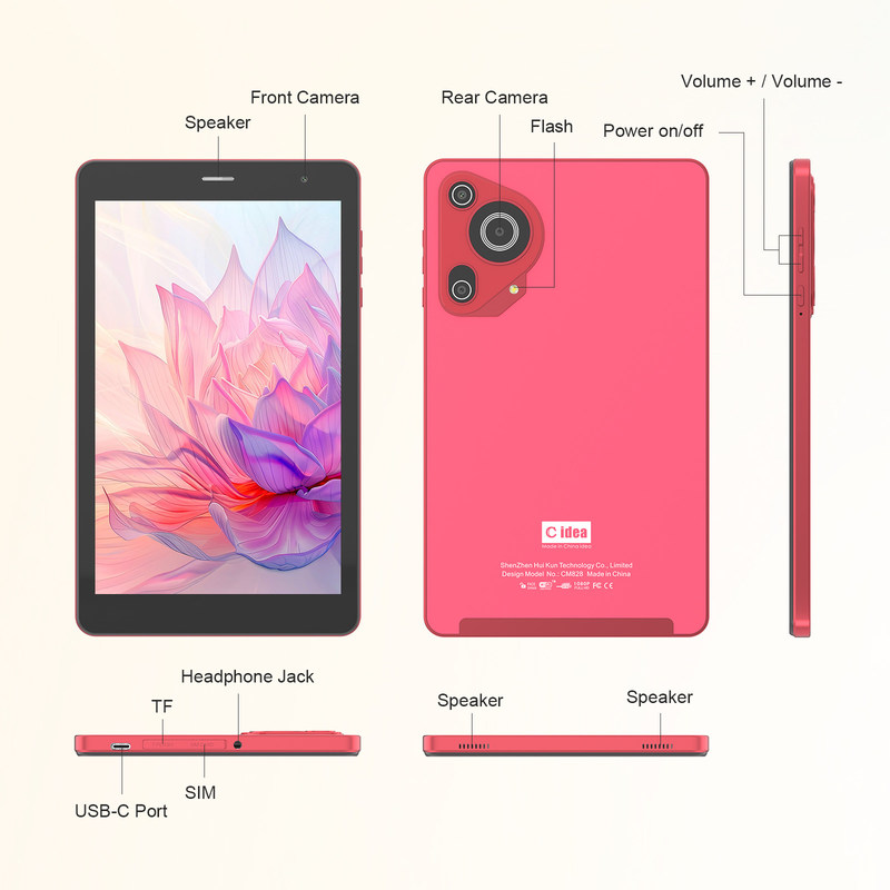 C Idea 5g Android Tablet 8+512gb Tablet de 8 polegadas para estudantes com SIM e Wifi Cm828 Vermelho