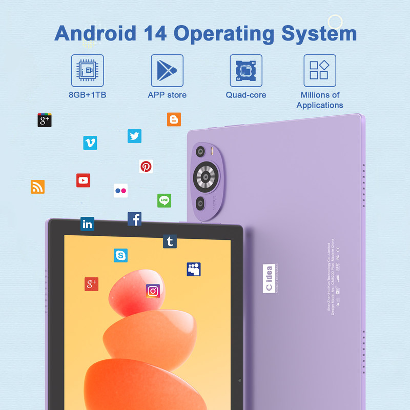 C Idea 10 polegadas Android 14 Educational Tablet 512GB para estudantes com suporte SIM CM8200Plus Purple