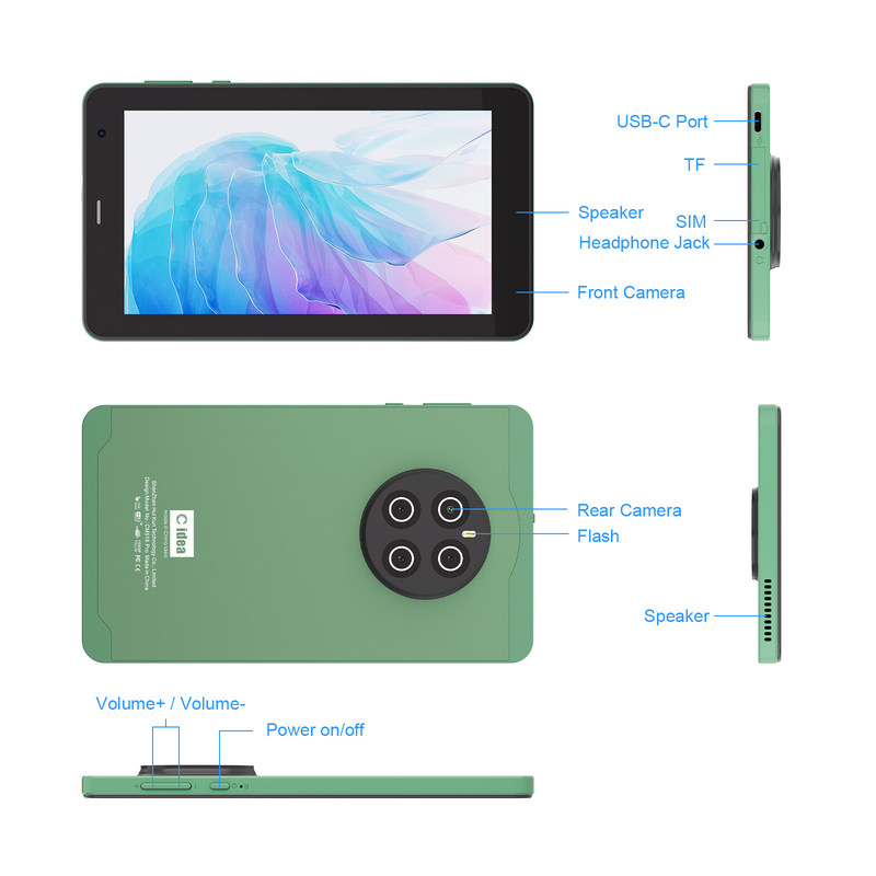 C Idea Tablet de 7 polegadas com SIM Wifi Android Smart Tablet PC CM518 Pro Verde