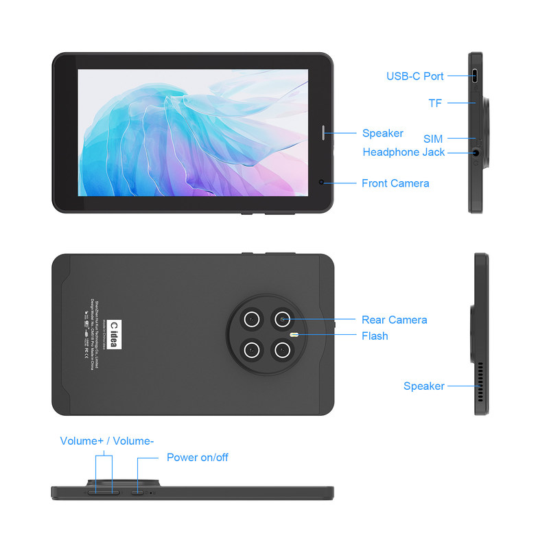 C Idea Android 13 Tablet 512GB Com SIM 7 polegadas Tablet PC CM518 Pro Preto