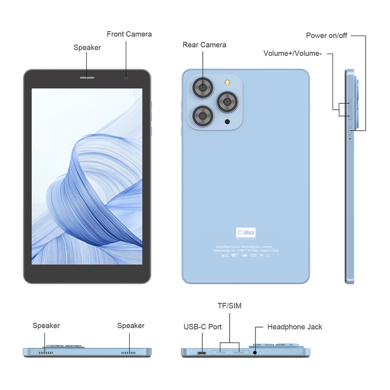 Tablet Wifi C idea de 8 polegadas com 8+512GB de armazenamento, processador Quad Core, tela IPS touchscreen 800x1280 azul CM817 Pro