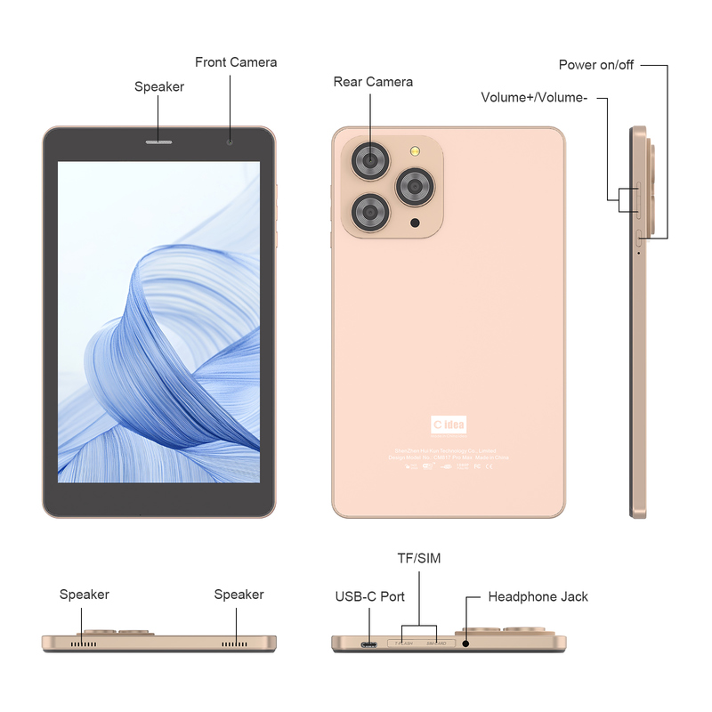 C ideia Tablet Wifi de 8 polegadas com 8+512GB de armazenamento Quad Core Processador 800x1280 IPS Touchscreen CM817 Pro dourado