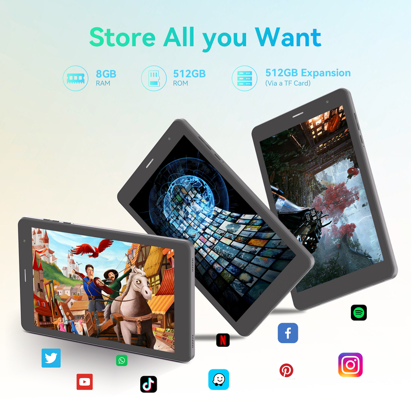 C idea Youth 8 Inch Tablet Android 15 com tela de luz preta, WiFi, 8GB + 512GB, 800*1280 IPS incell CM828
