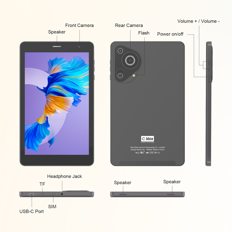 C idea Youth 8 Inch Tablet Android 15 com tela de luz preta, WiFi, 8GB + 512GB, 800*1280 IPS incell CM828