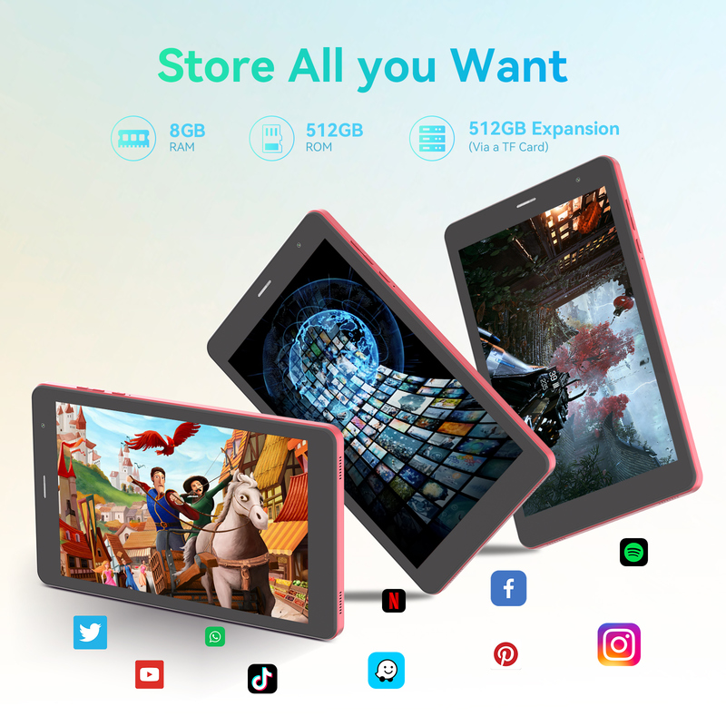 C idea Youth red 8 Inch Tablet Android 15 com slot de cartão tf, WiFi,8GB +512GB, 800*1280 IPS incell CM828