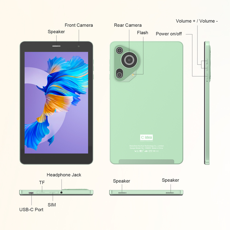 C ideia Youth verde 8 Inch Tablet Android 15 com slot de cartão tf, WiFi,8GB +512GB, 800*1280 IPS incell CM828