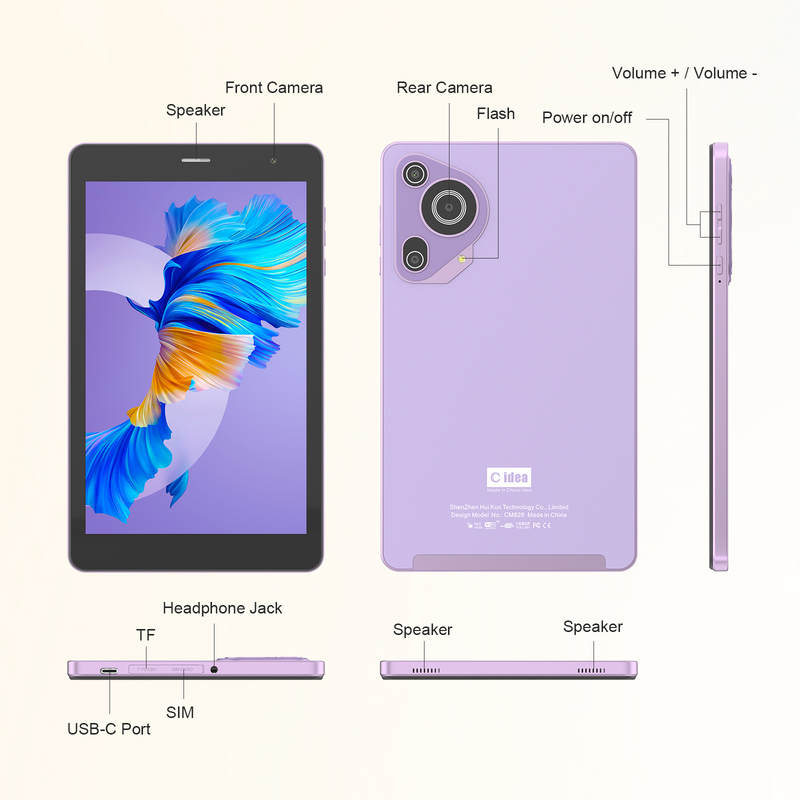C idea Youth Purple 8 Inch Tablet Android 15 com slot de cartão tf, WiFi, 8GB + 512GB, 800*1280 IPS incell CM828