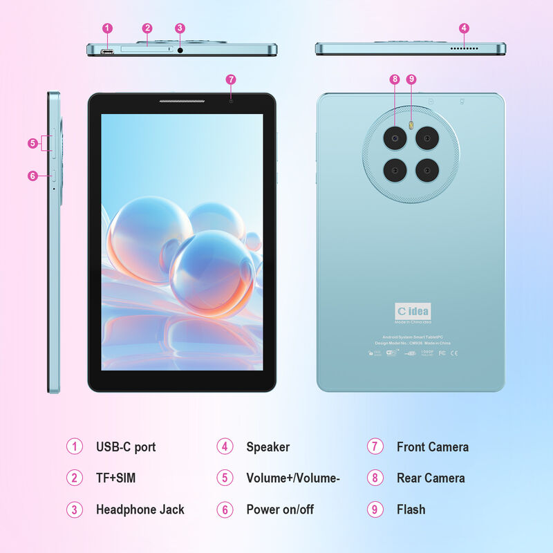 C Idea 8.68 Inch Tablet PC Android 16 Wi-Fi Resolução de tela capacitiva Dual câmera Entretenimento e uso comercial CM936 (Azul)